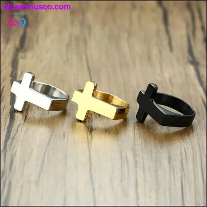 Simple Cross Rings for Men Boy Crucifix Gold Black Silver