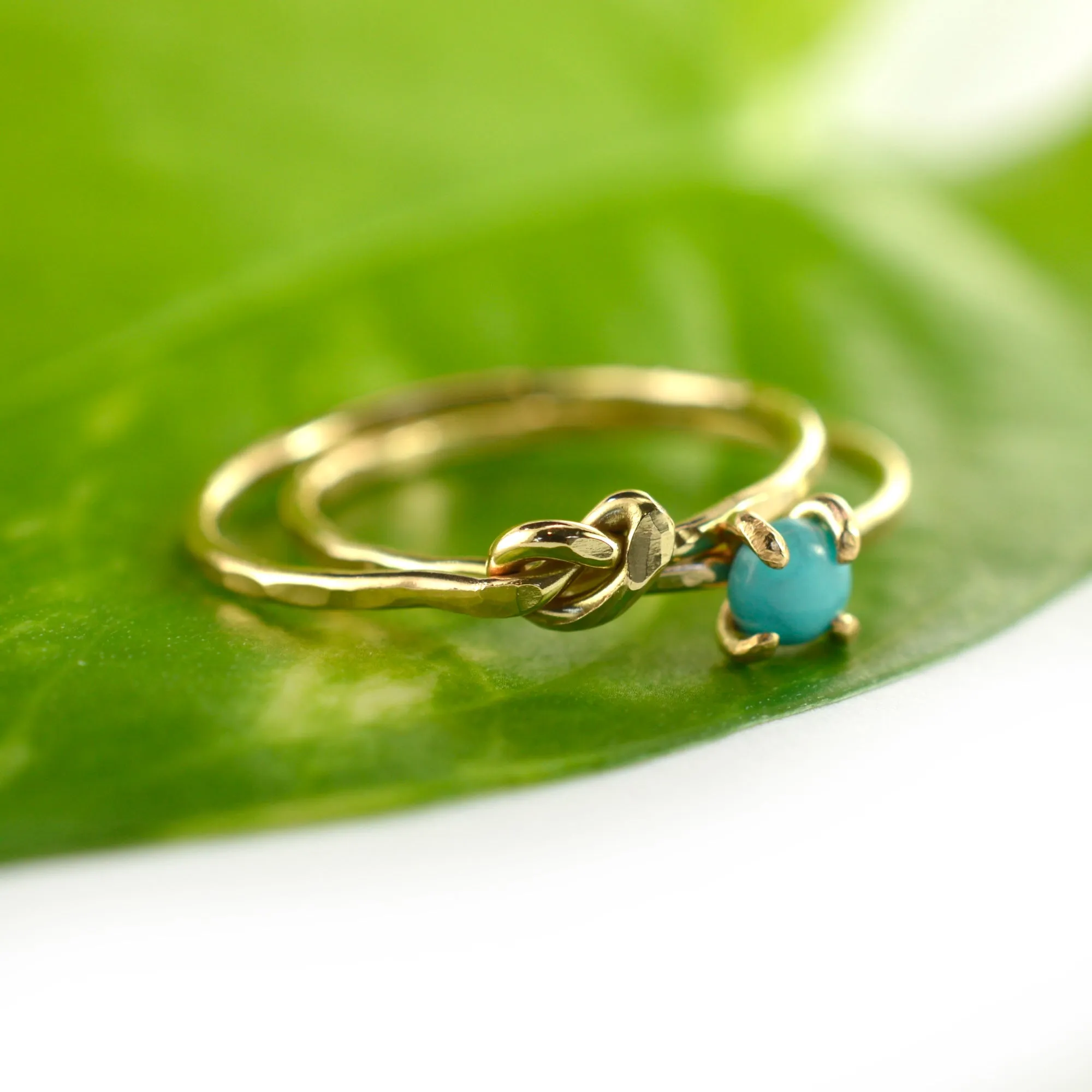 Size 5 / Gold Turquoise & Hammered Love Knot Stacking Ring Set of 2