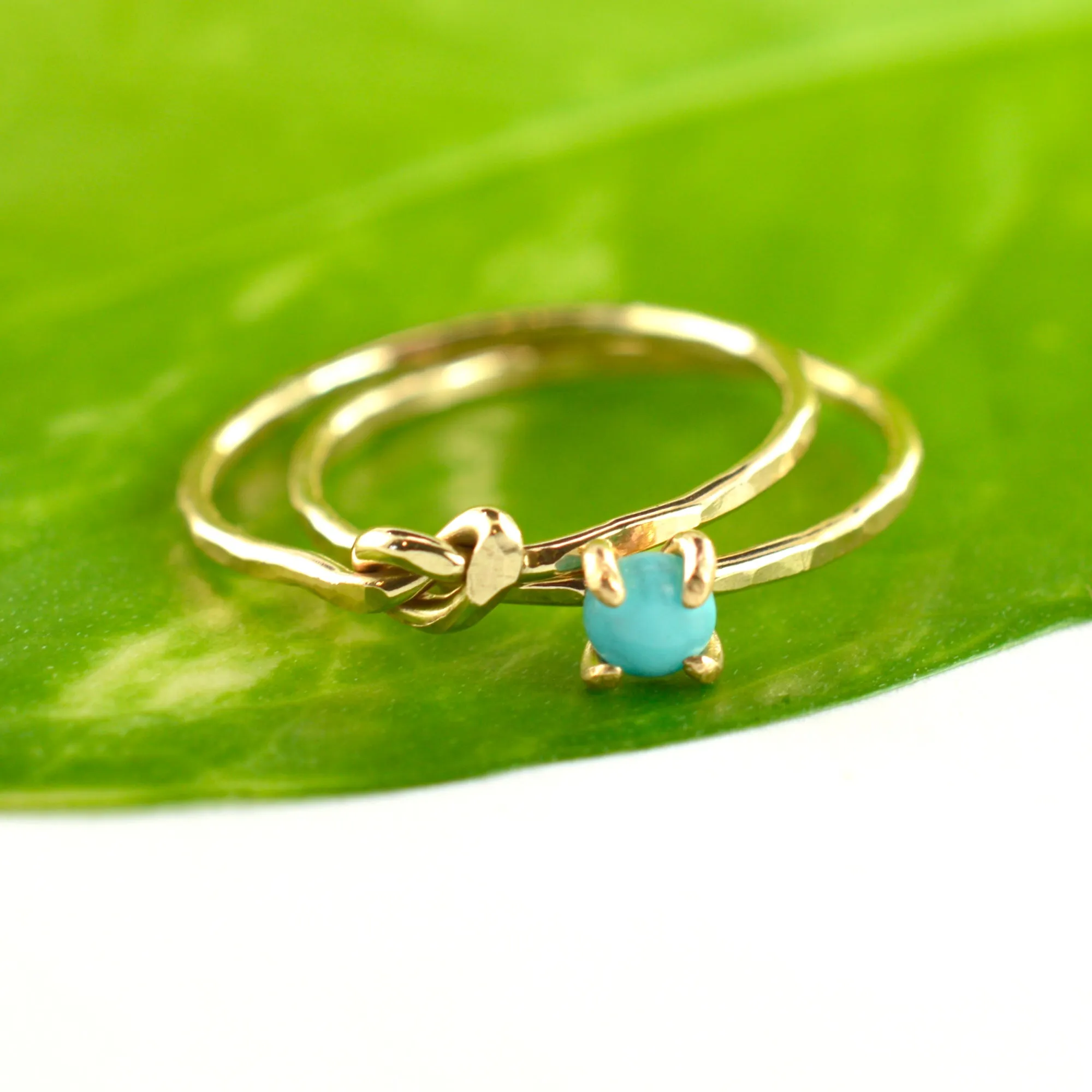 Size 5 / Gold Turquoise & Hammered Love Knot Stacking Ring Set of 2
