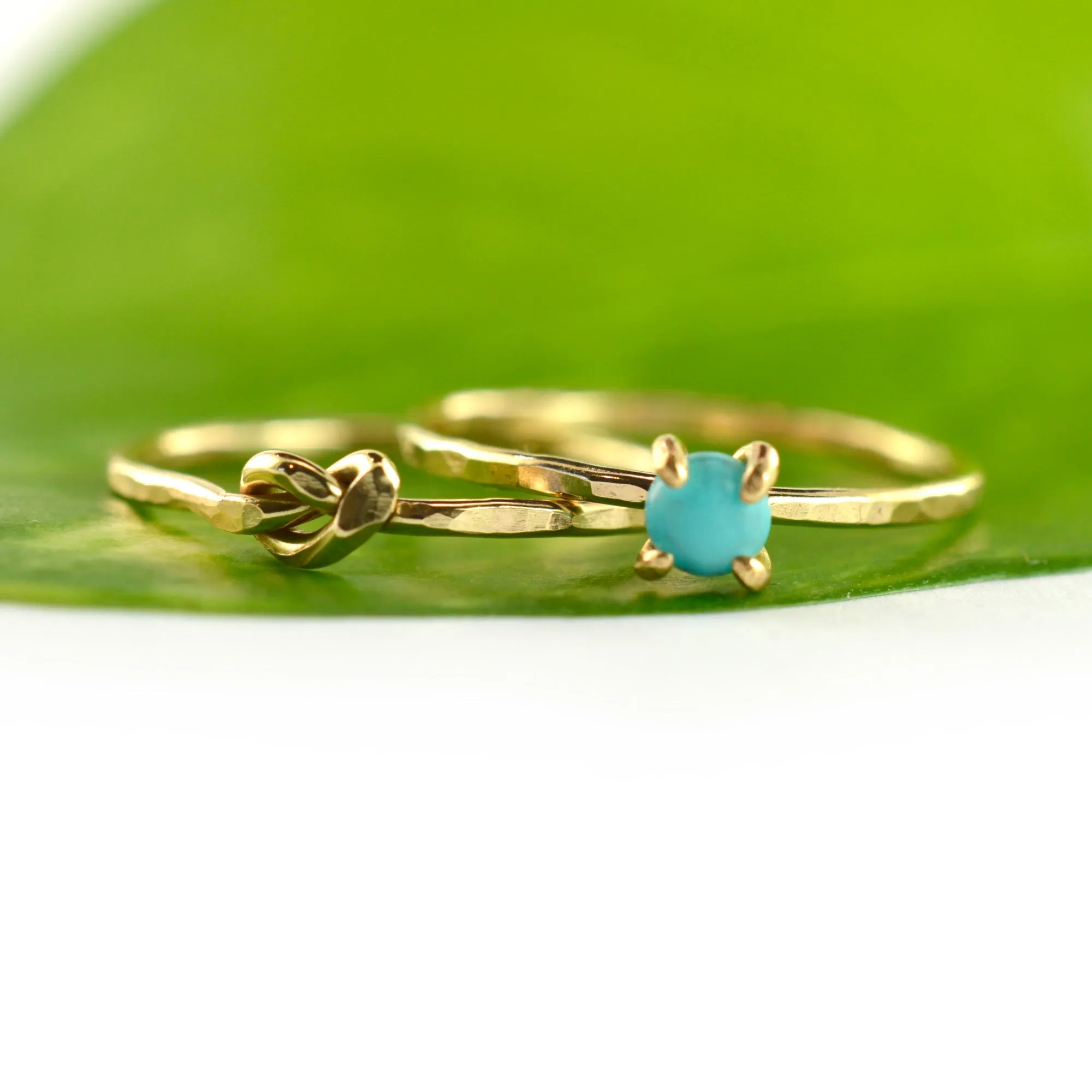 Size 5 / Gold Turquoise & Hammered Love Knot Stacking Ring Set of 2