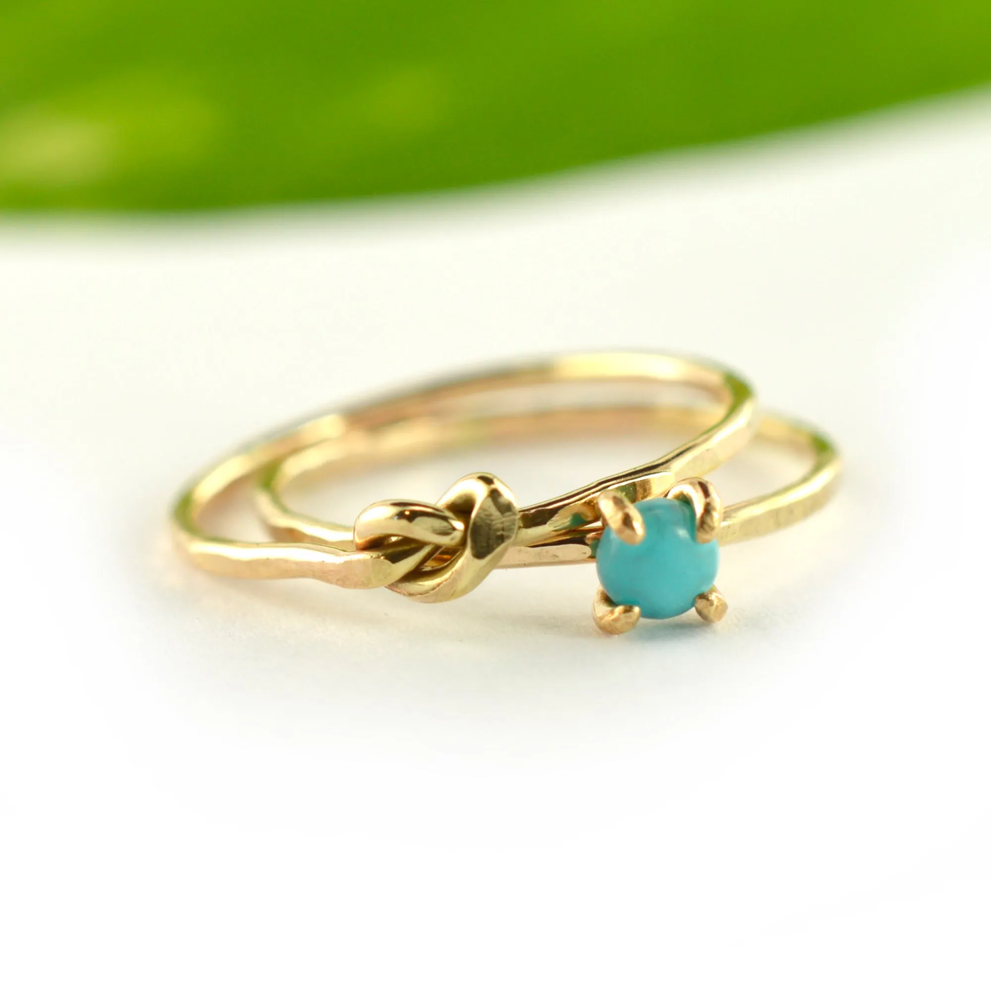 Size 5 / Gold Turquoise & Hammered Love Knot Stacking Ring Set of 2