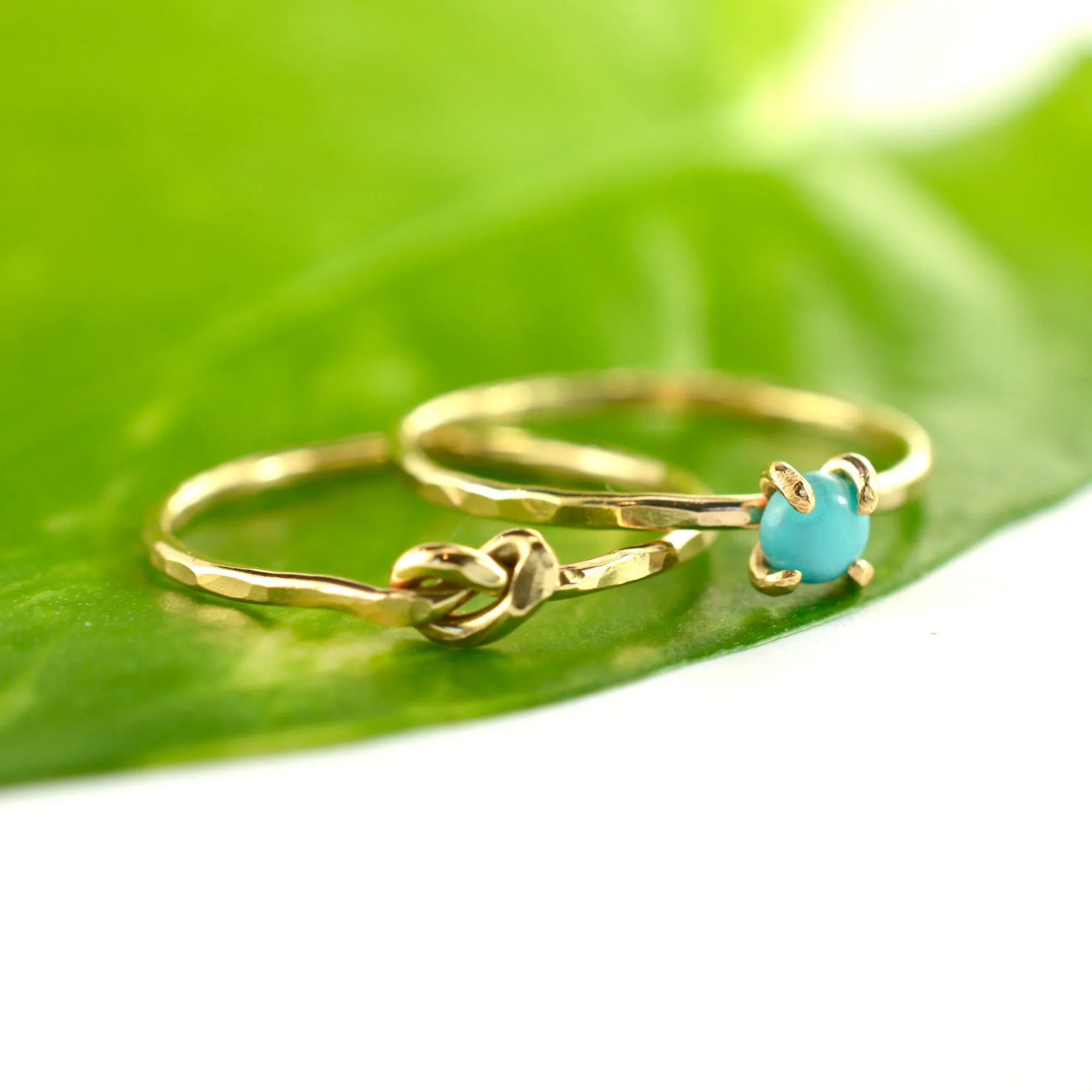 Size 5 / Gold Turquoise & Hammered Love Knot Stacking Ring Set of 2