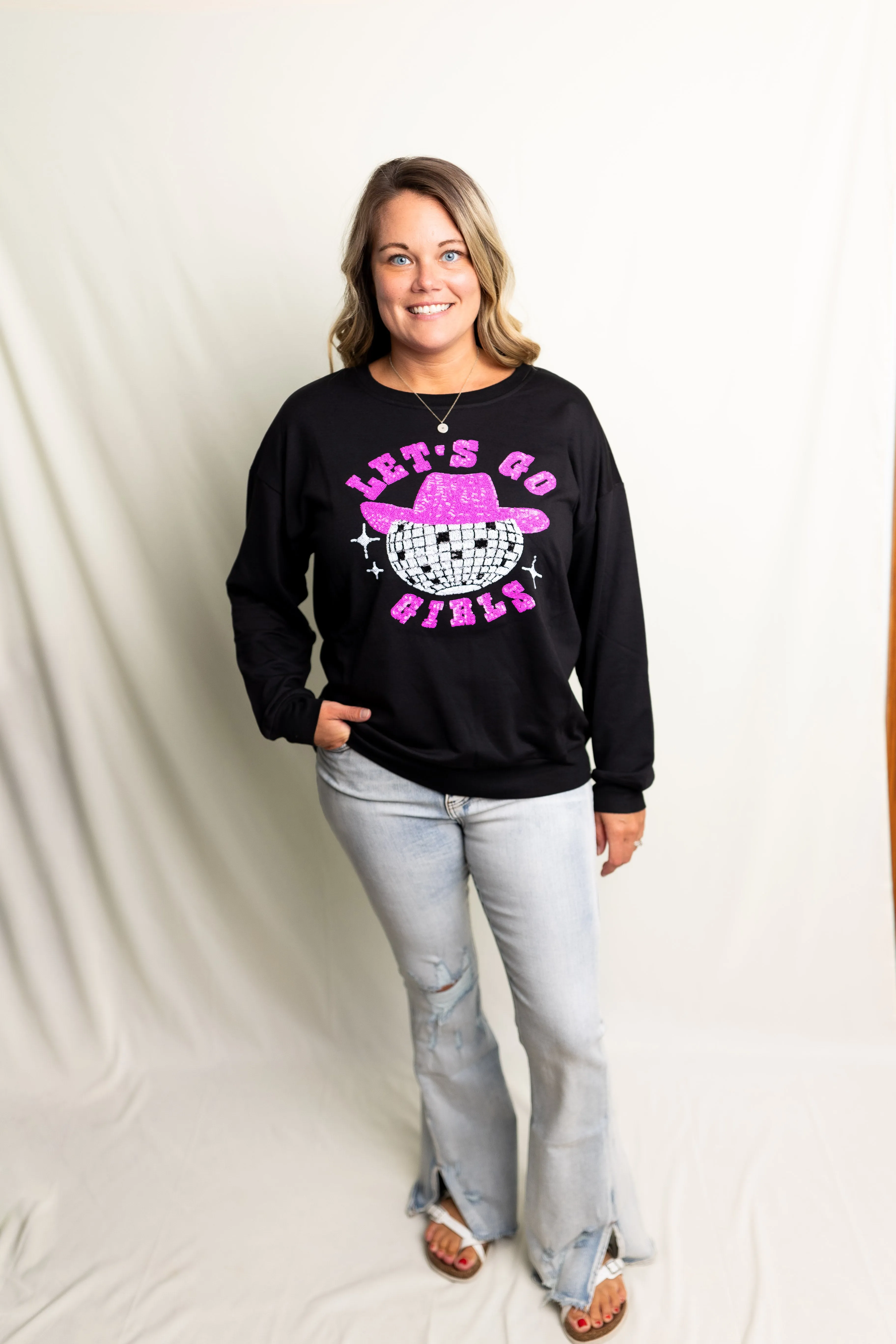 Small Let's Go Girls Sequin Patch Sweatshirt