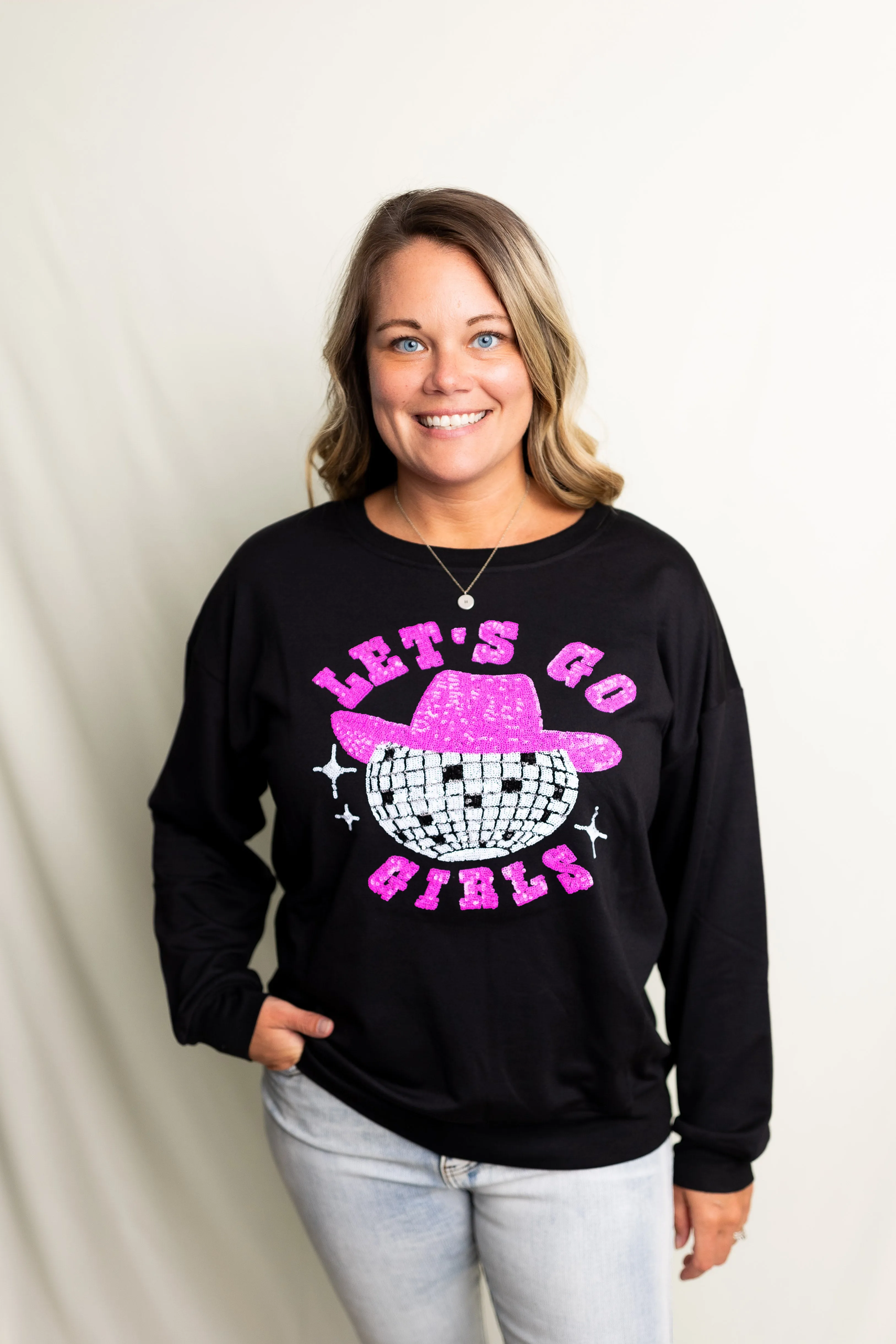 Small Let's Go Girls Sequin Patch Sweatshirt
