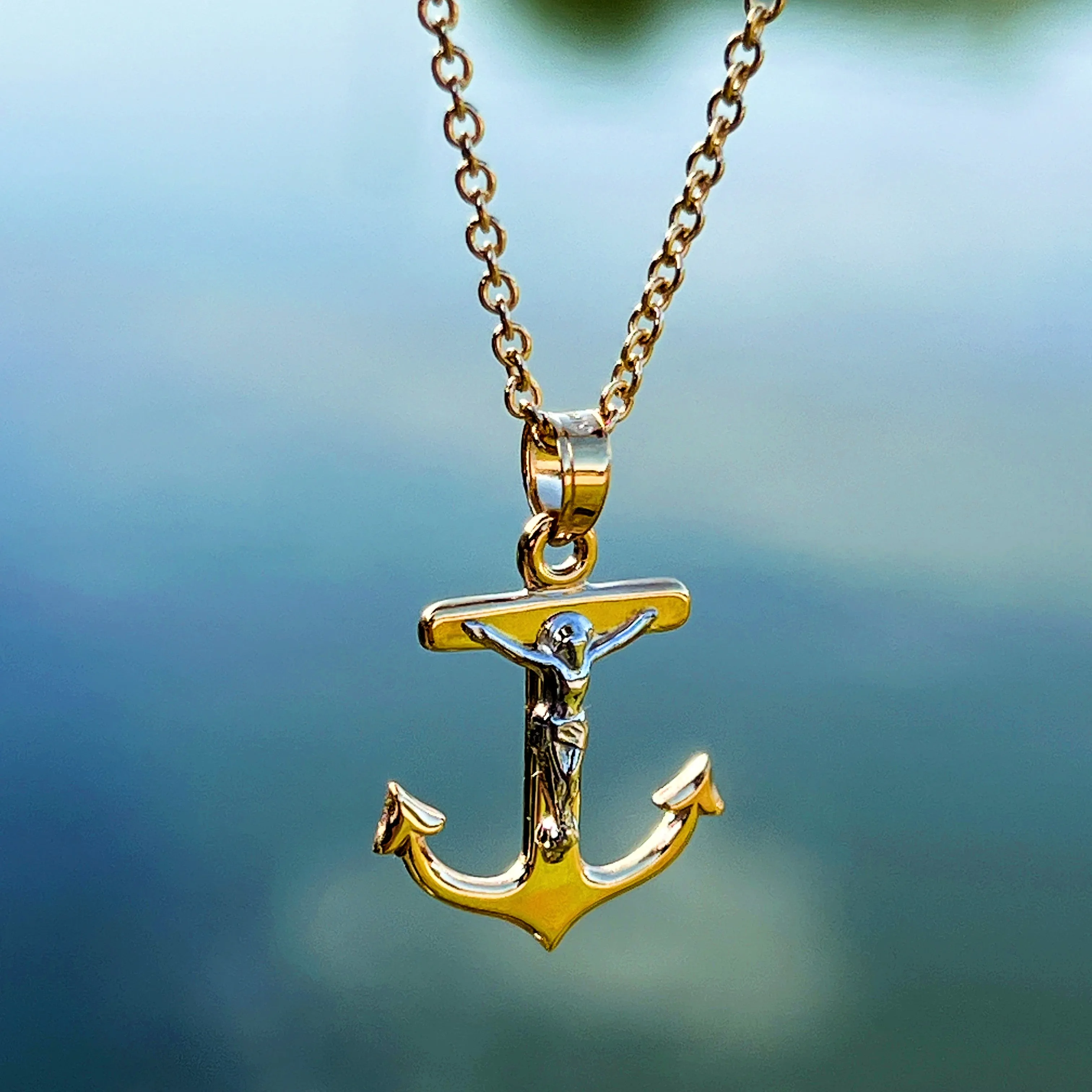 SOLID 14K TWO-TONE GOLD MARINERS CRUCIFIX ANCHOR CHARM PENDANT