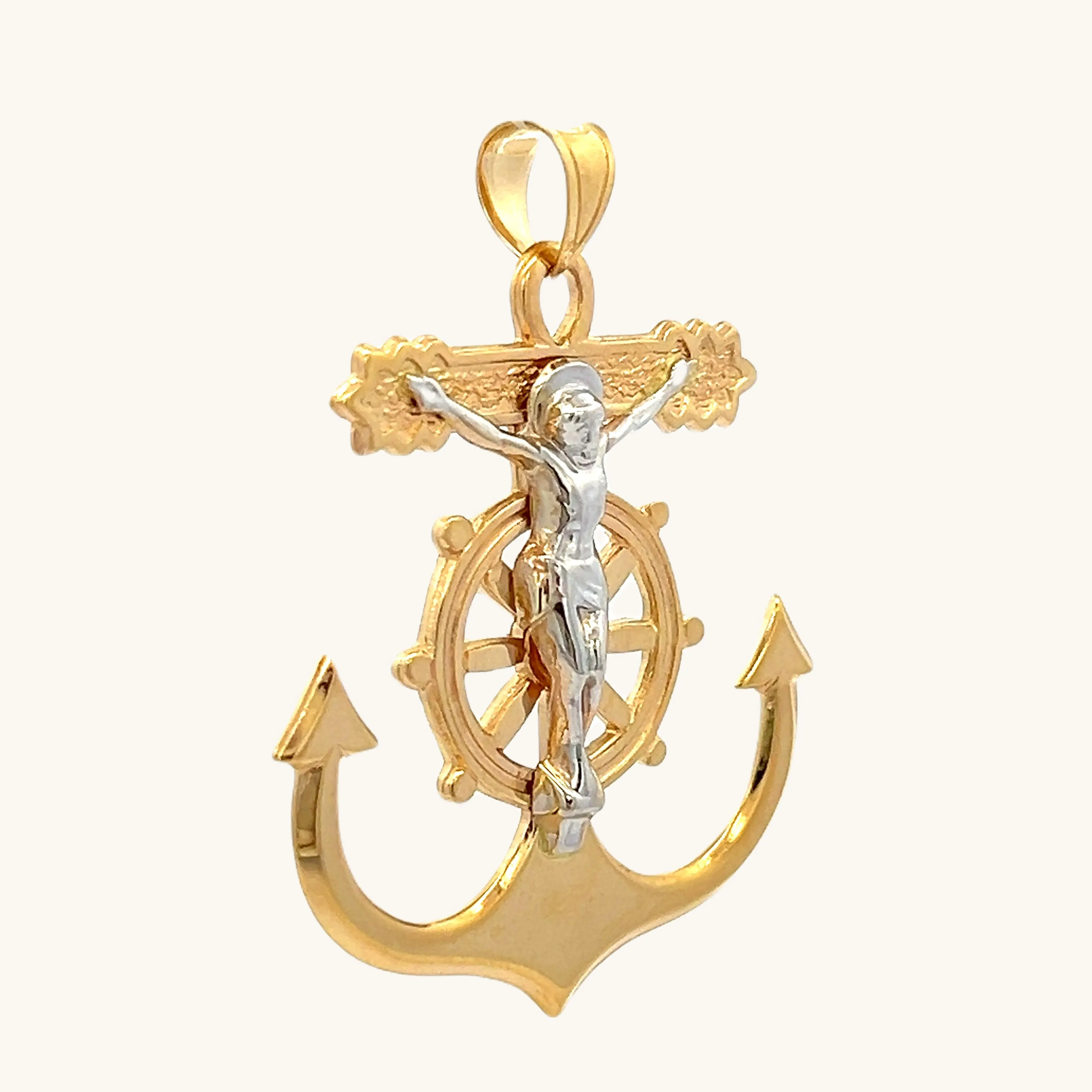 SOLID 14K TWO-TONE GOLD XL MARINERS CRUCIFIX ANCHOR CHARM PENDANT