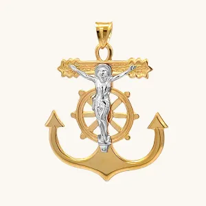 SOLID 14K TWO-TONE GOLD XL MARINERS CRUCIFIX ANCHOR CHARM PENDANT
