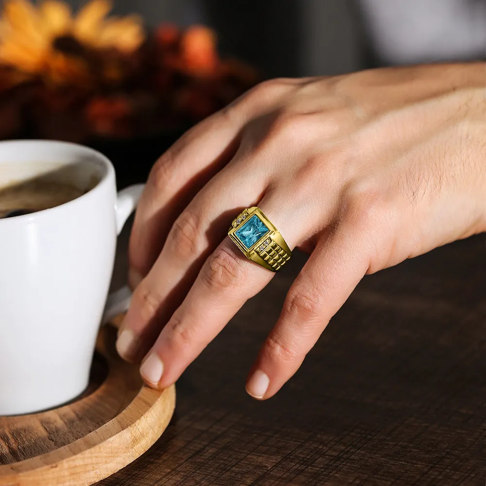 Solid 18K Yellow Gold Diamonds and Aquamarine Masculine Biker Band Ring For Men