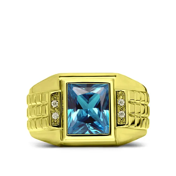 Solid 18K Yellow Gold Diamonds and Aquamarine Masculine Biker Band Ring For Men
