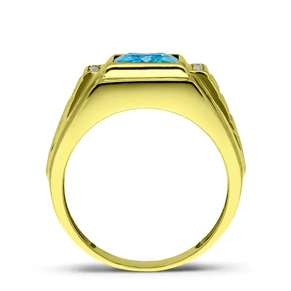 Solid 18K Yellow Gold Diamonds and Aquamarine Masculine Biker Band Ring For Men