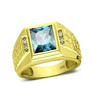 Solid 18K Yellow Gold Diamonds and Aquamarine Masculine Biker Band Ring For Men