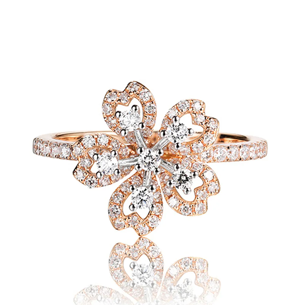 Solid Gold Diamond Sakura Flower Ring