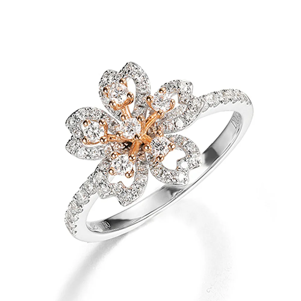 Solid Gold Diamond Sakura Flower Ring