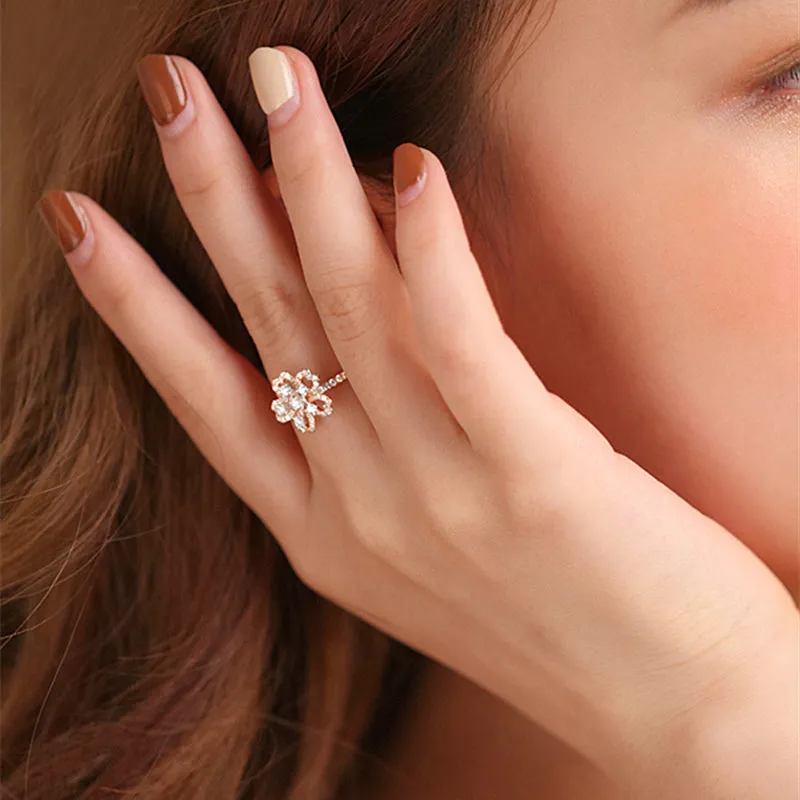 Solid Gold Diamond Sakura Flower Ring