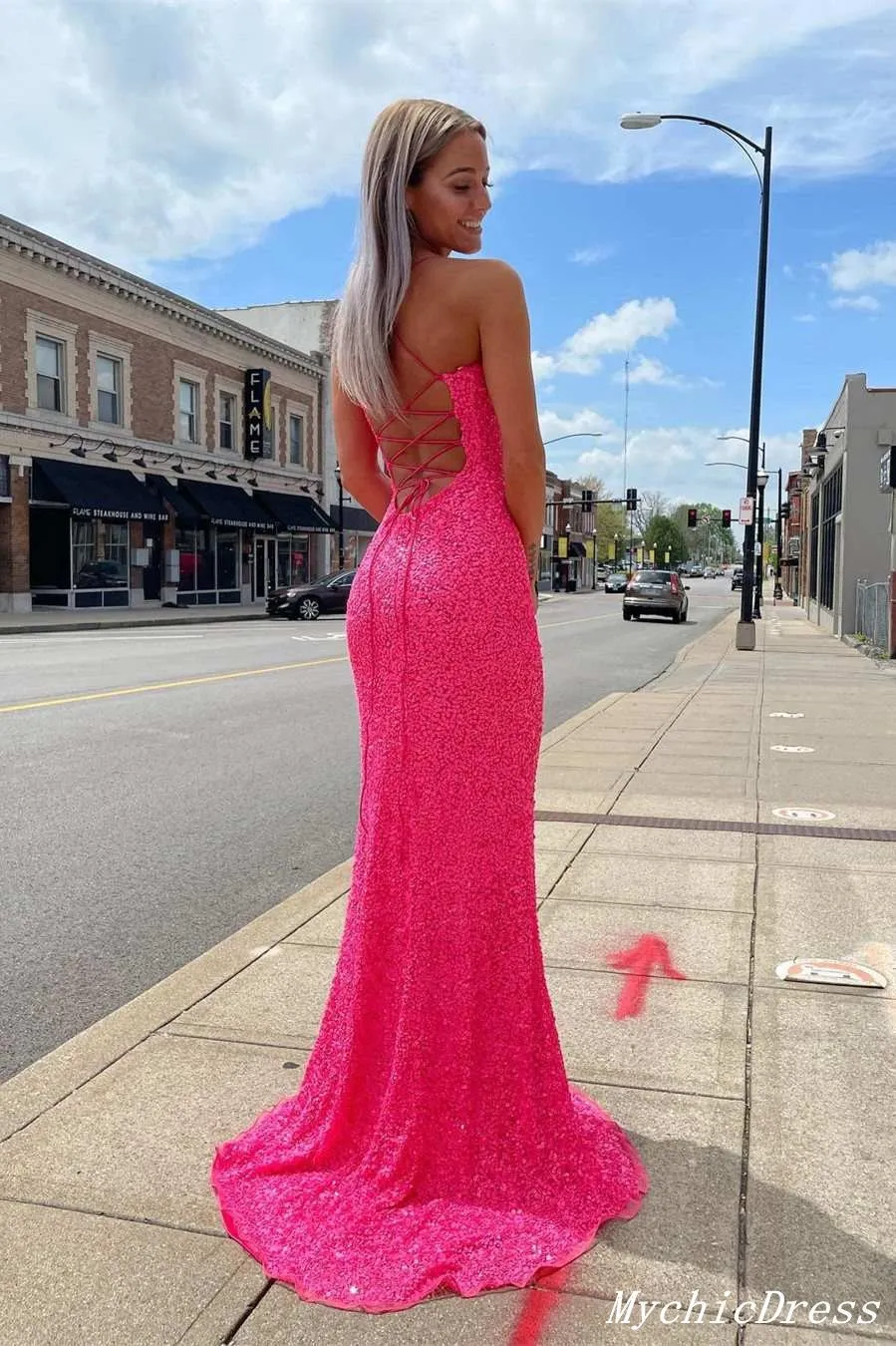 Sparkling Hot Pink Sequin Prom Dresses Spaghetti Straps with Slit