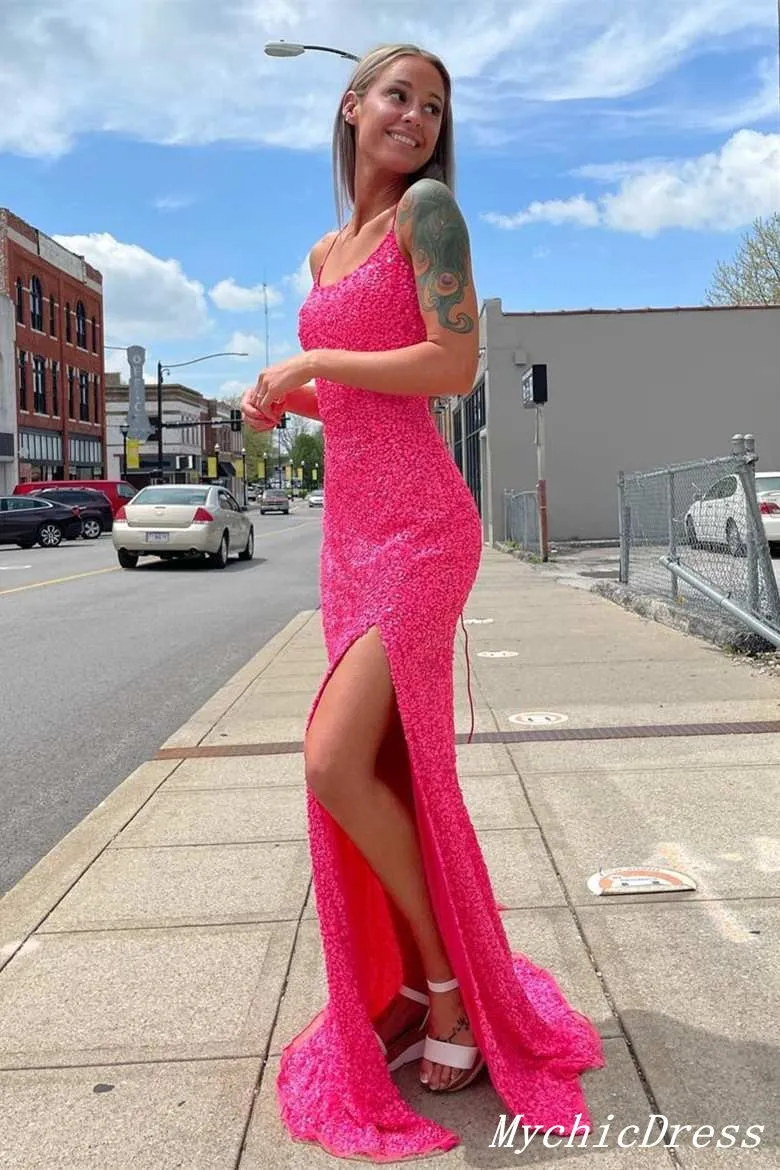 Sparkling Hot Pink Sequin Prom Dresses Spaghetti Straps with Slit