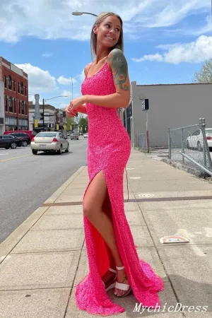 Sparkling Hot Pink Sequin Prom Dresses Spaghetti Straps with Slit