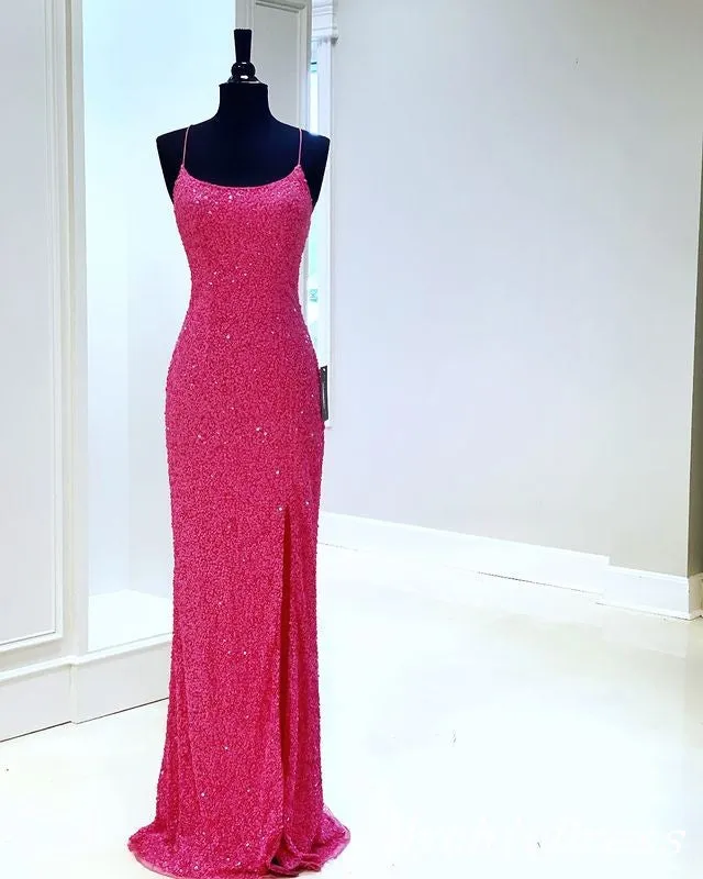 Sparkling Hot Pink Sequin Prom Dresses Spaghetti Straps with Slit
