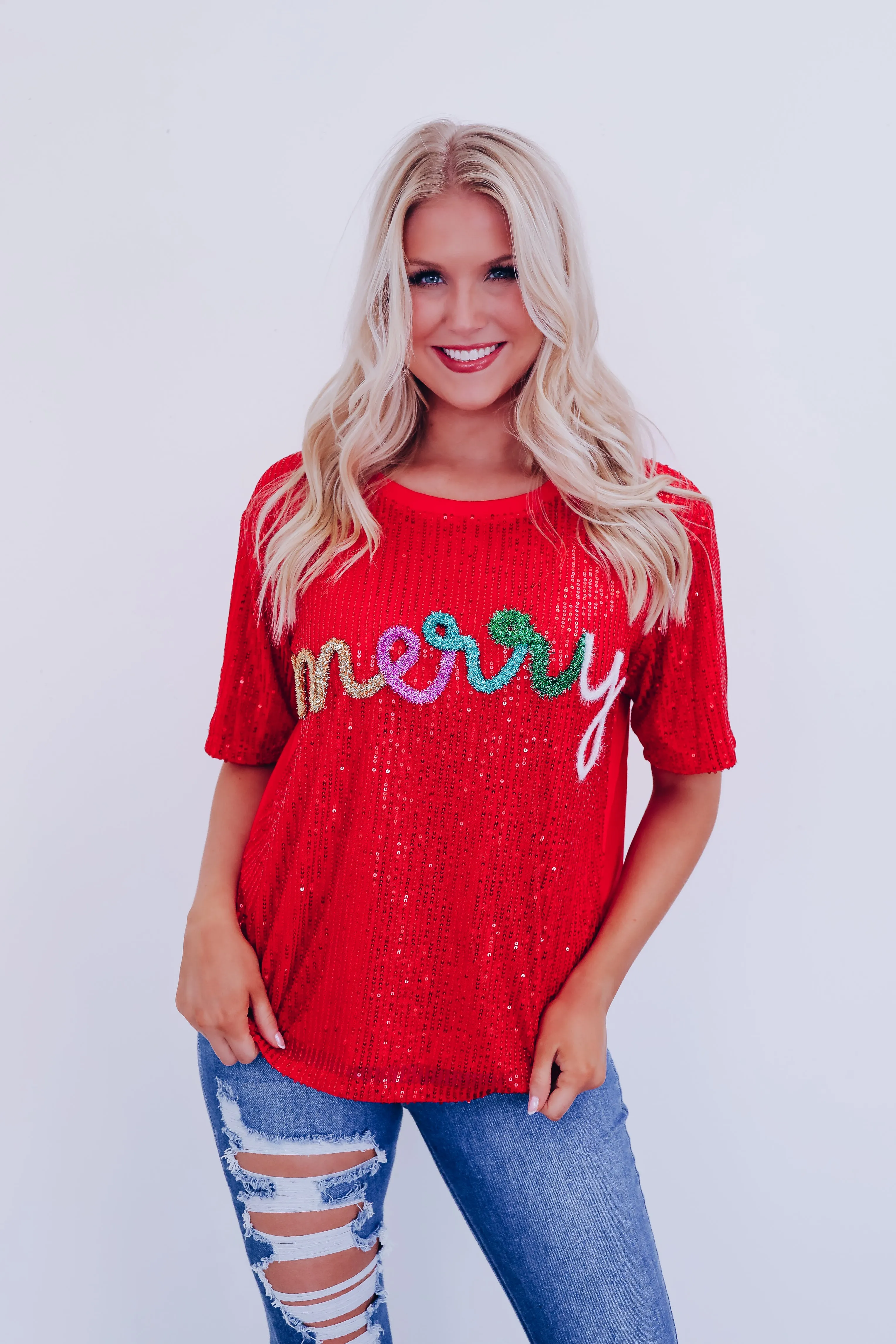 Sparkling Sequin "Merry" Tinsel Top - Multi