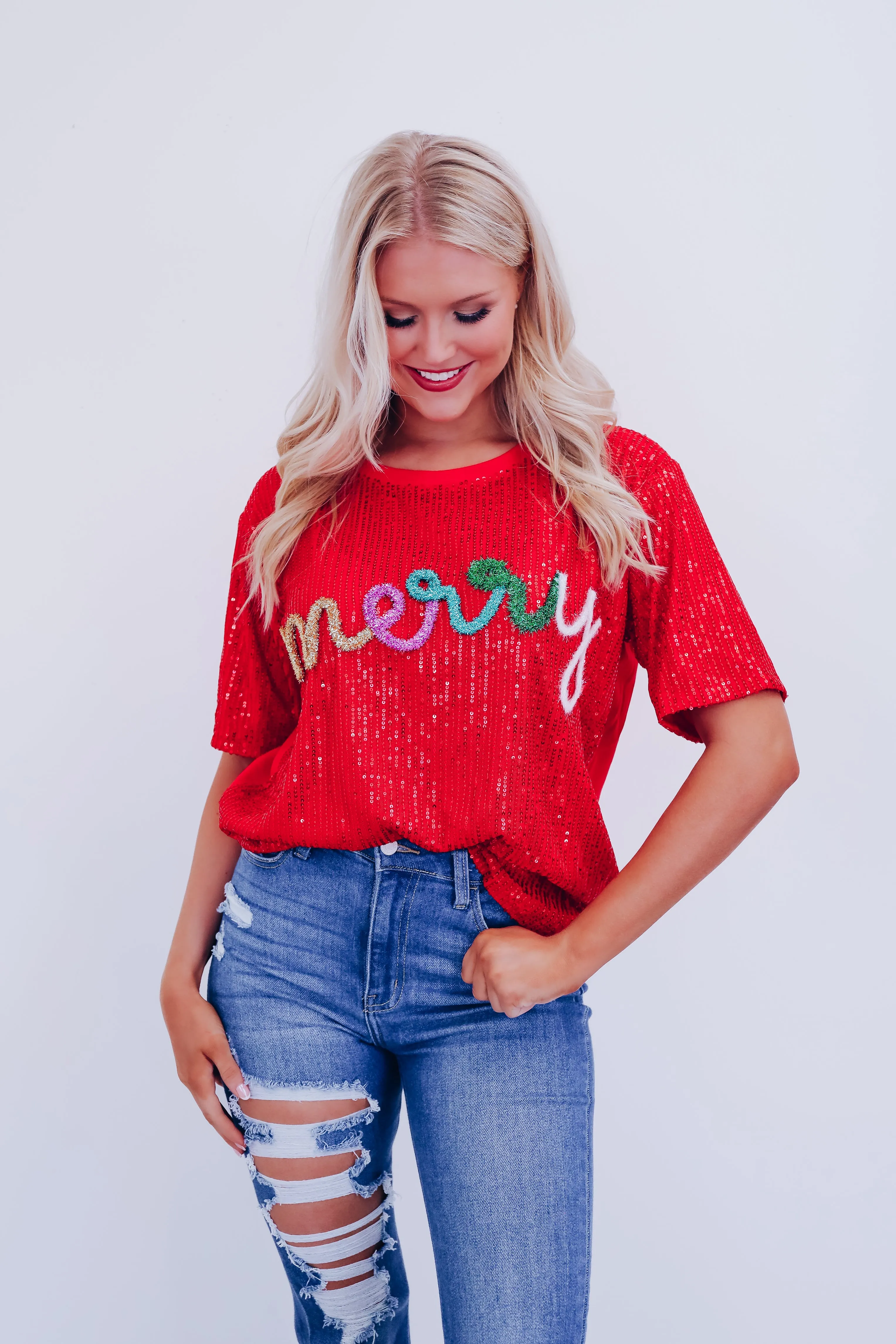 Sparkling Sequin "Merry" Tinsel Top - Multi