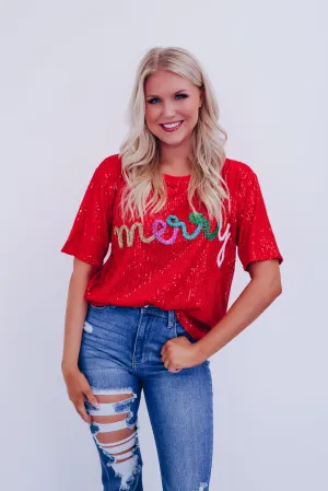 Sparkling Sequin "Merry" Tinsel Top - Multi