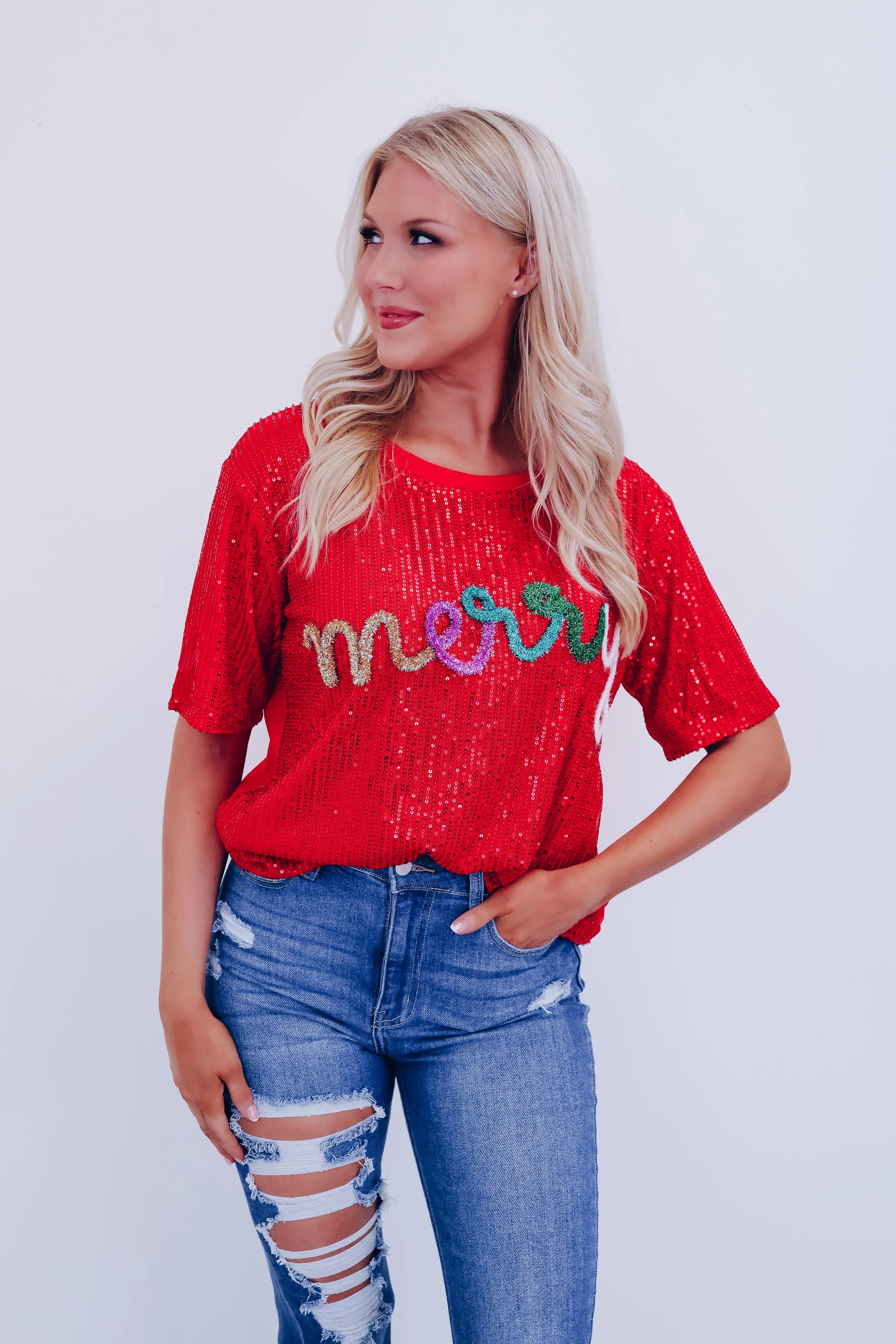 Sparkling Sequin "Merry" Tinsel Top - Multi