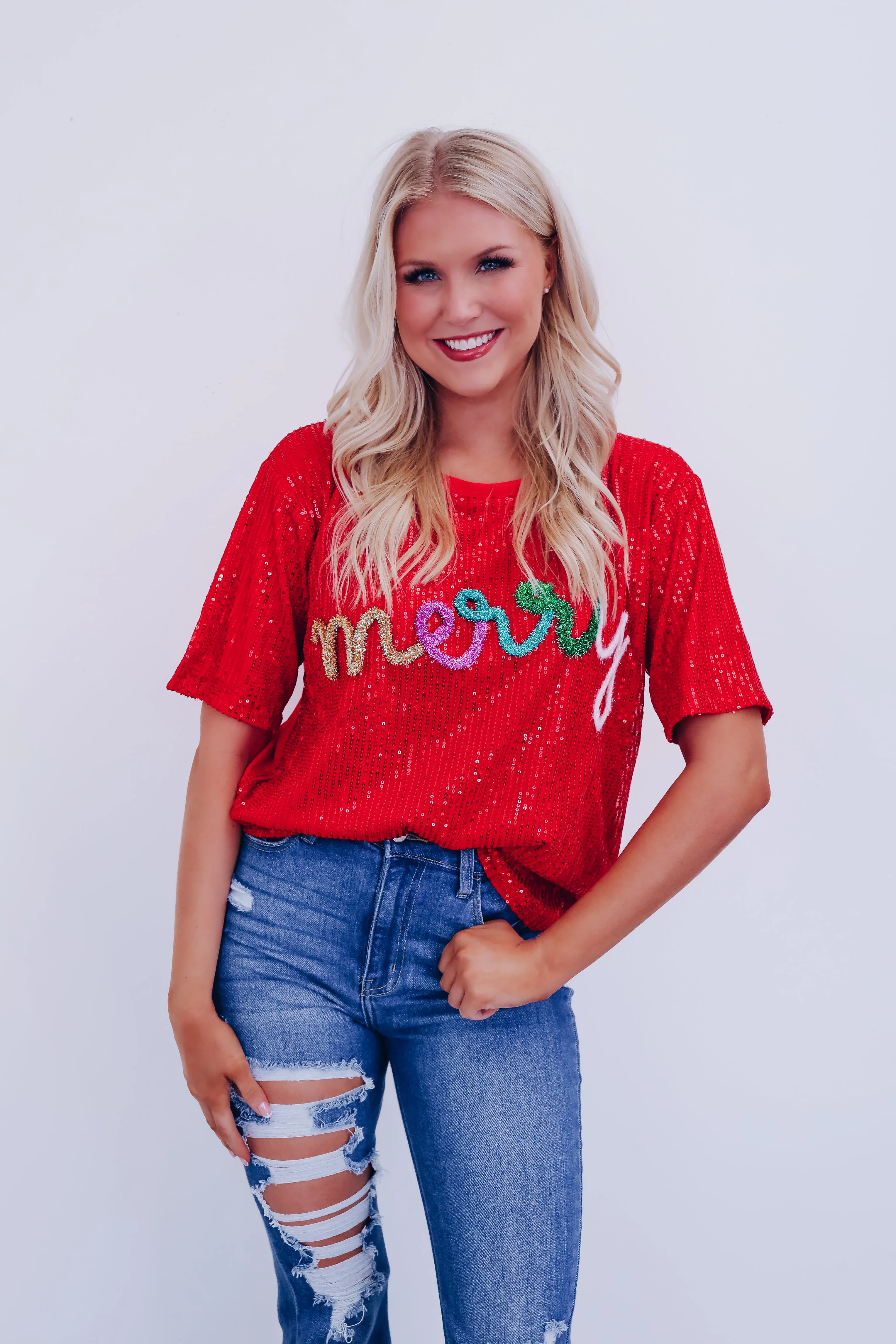 Sparkling Sequin "Merry" Tinsel Top - Multi