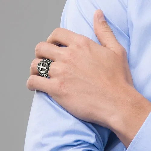 Stainless Steel Polished and Antiqued Cross Ring