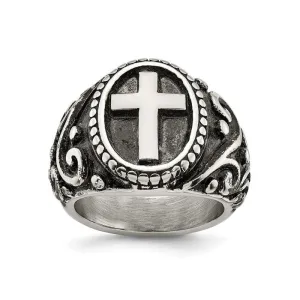 Stainless Steel Polished and Antiqued Cross Ring