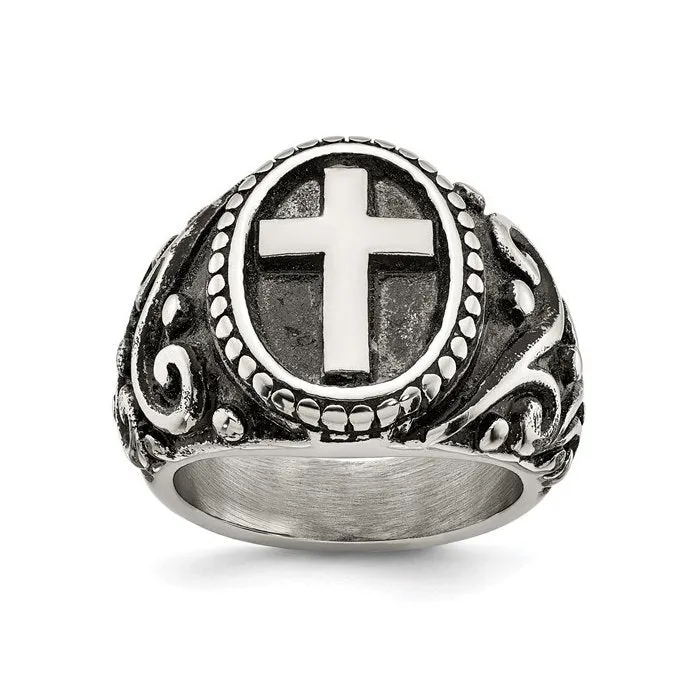 Stainless Steel Polished and Antiqued Cross Ring
