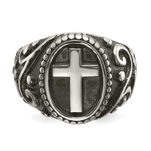 Stainless Steel Polished and Antiqued Cross Ring