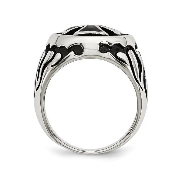 Stainless Steel Polished Antiqued and Textured Black IP Plated Cross Ring