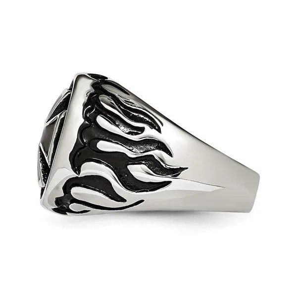 Stainless Steel Polished Antiqued and Textured Black IP Plated Cross Ring