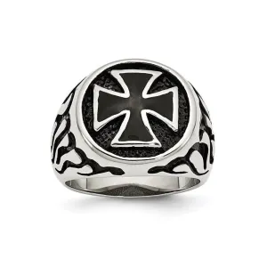 Stainless Steel Polished Antiqued and Textured Black IP Plated Cross Ring