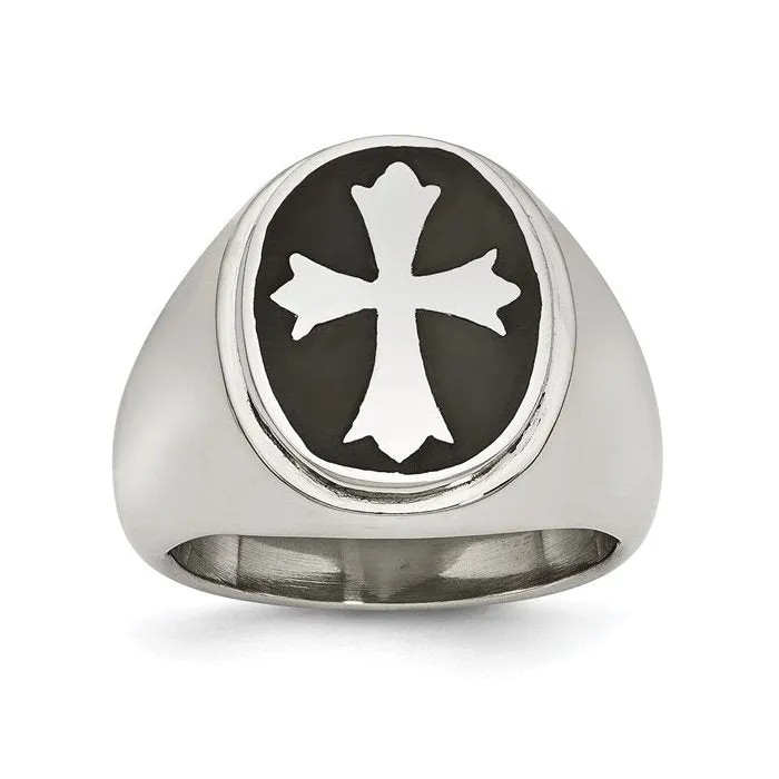 Stainless Steel Polished Black Enameled Cross Ring