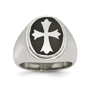 Stainless Steel Polished Black Enameled Cross Ring