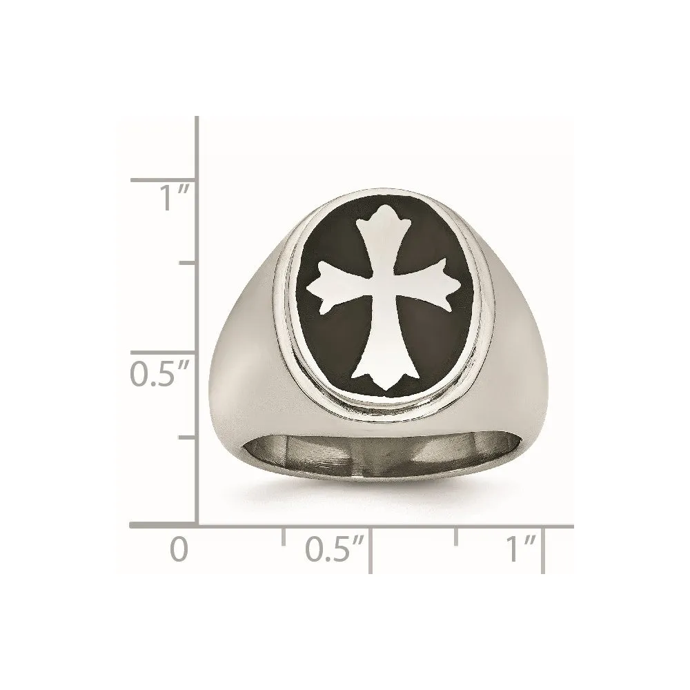 Stainless Steel Polished Black Enameled Cross Ring