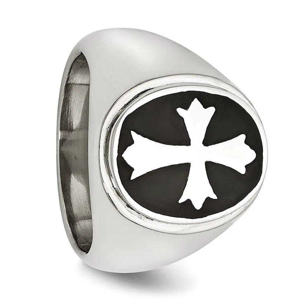 Stainless Steel Polished Black Enameled Cross Ring