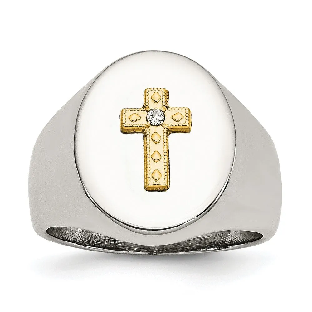 Stainless Steel Polished w/10K Gold Cross and .02ct Diamond Ring