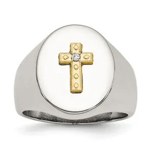 Stainless Steel Polished w/10K Gold Cross and .02ct Diamond Ring