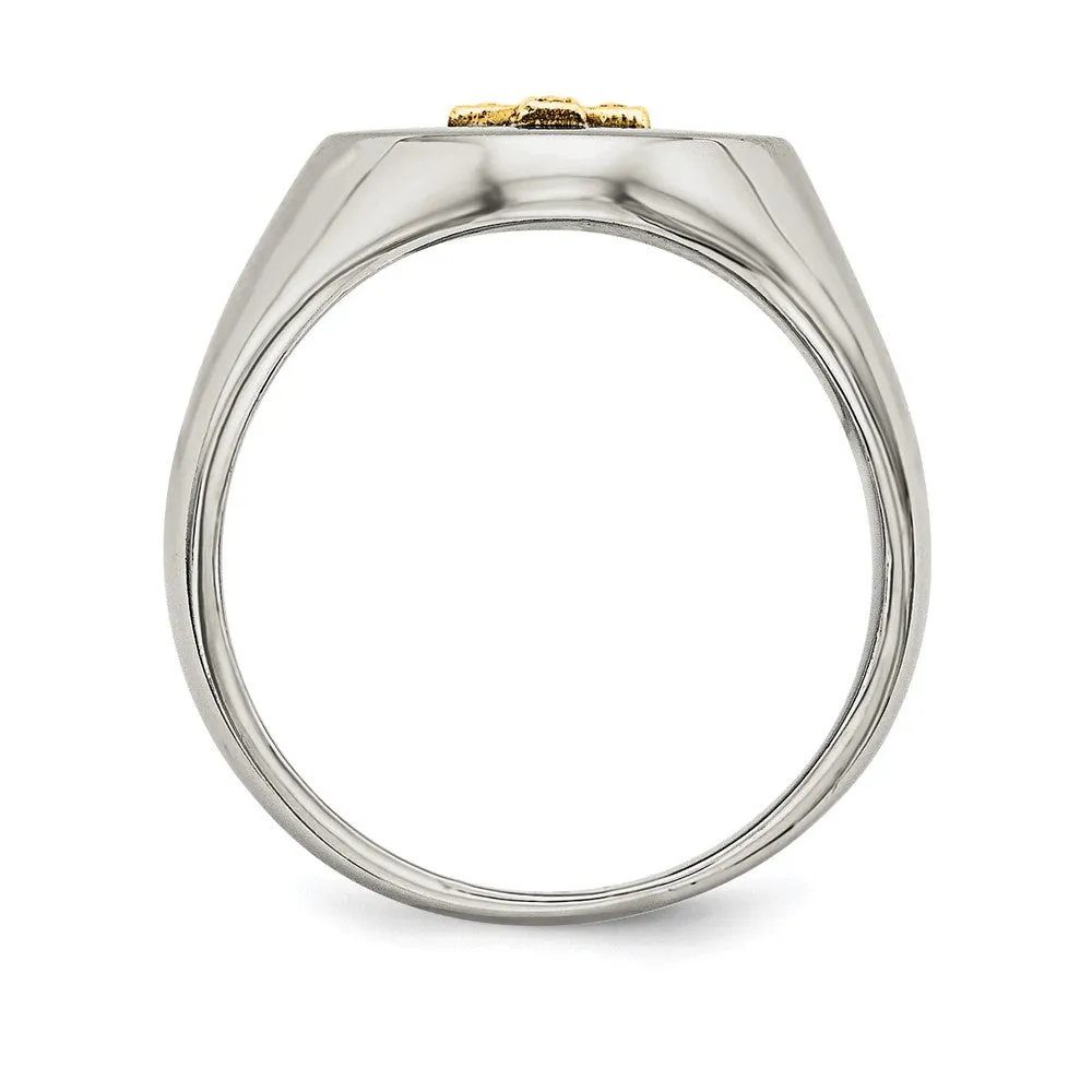 Stainless Steel Polished w/10K Gold Cross and .02ct Diamond Ring