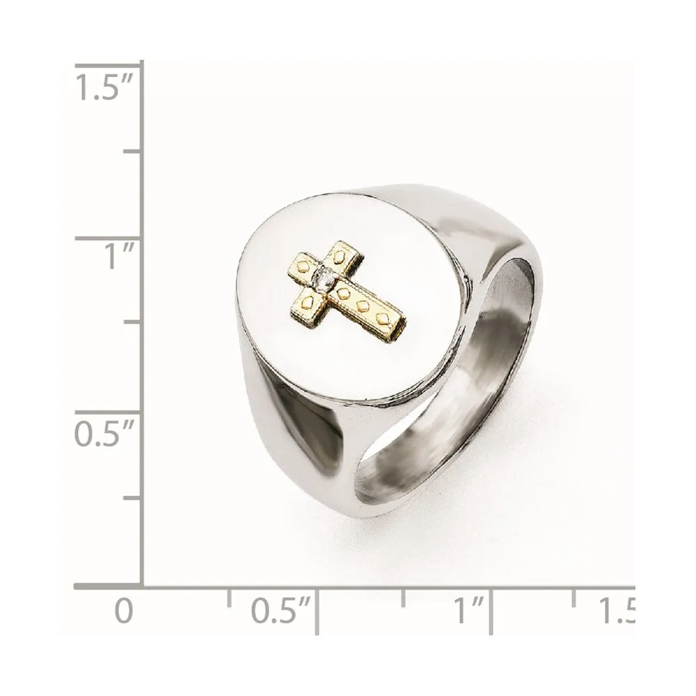Stainless Steel Polished w/10K Gold Cross and .02ct Diamond Ring