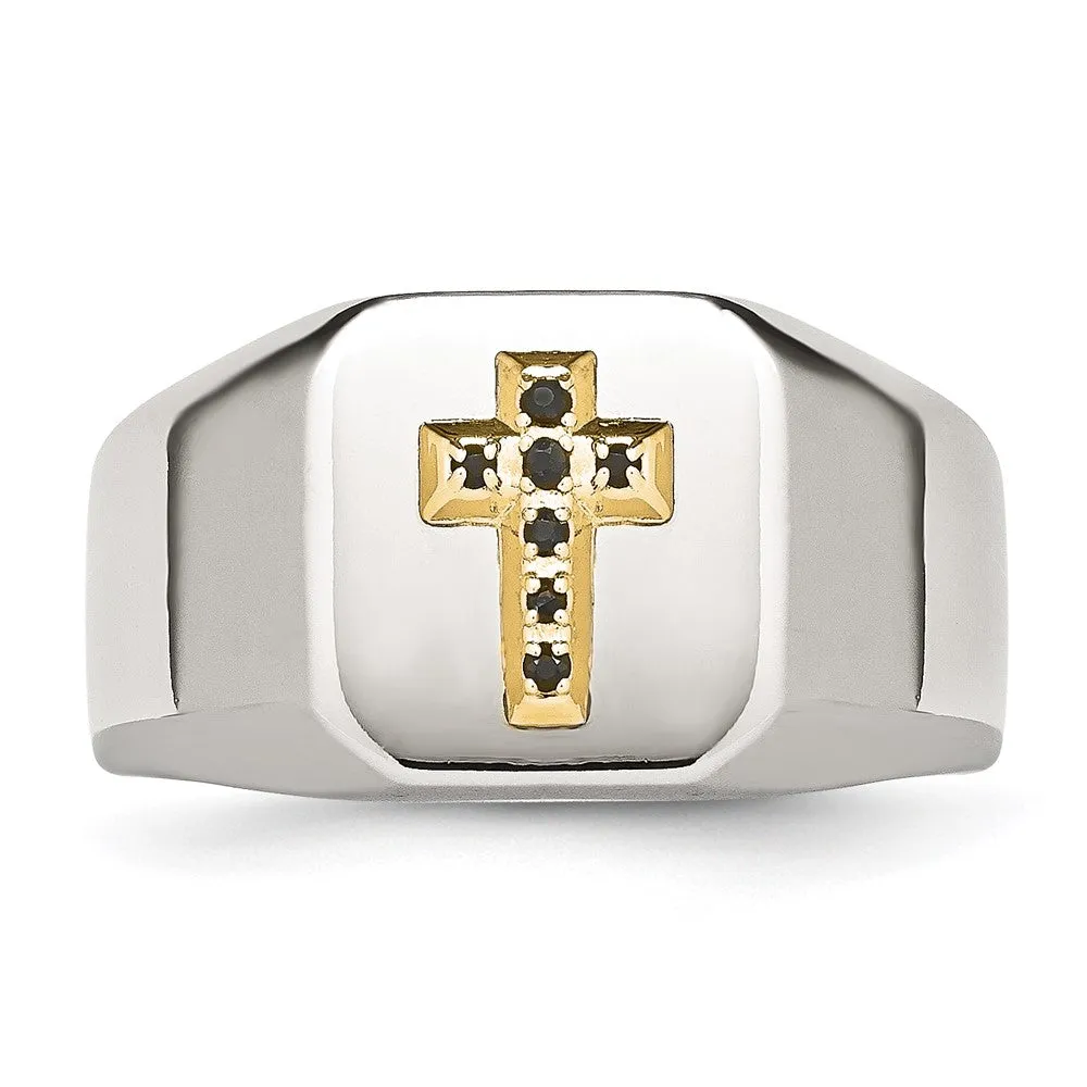 Stainless Steel Polished w/14k Accent 1/15ct Sapphire Cross Signet Ring