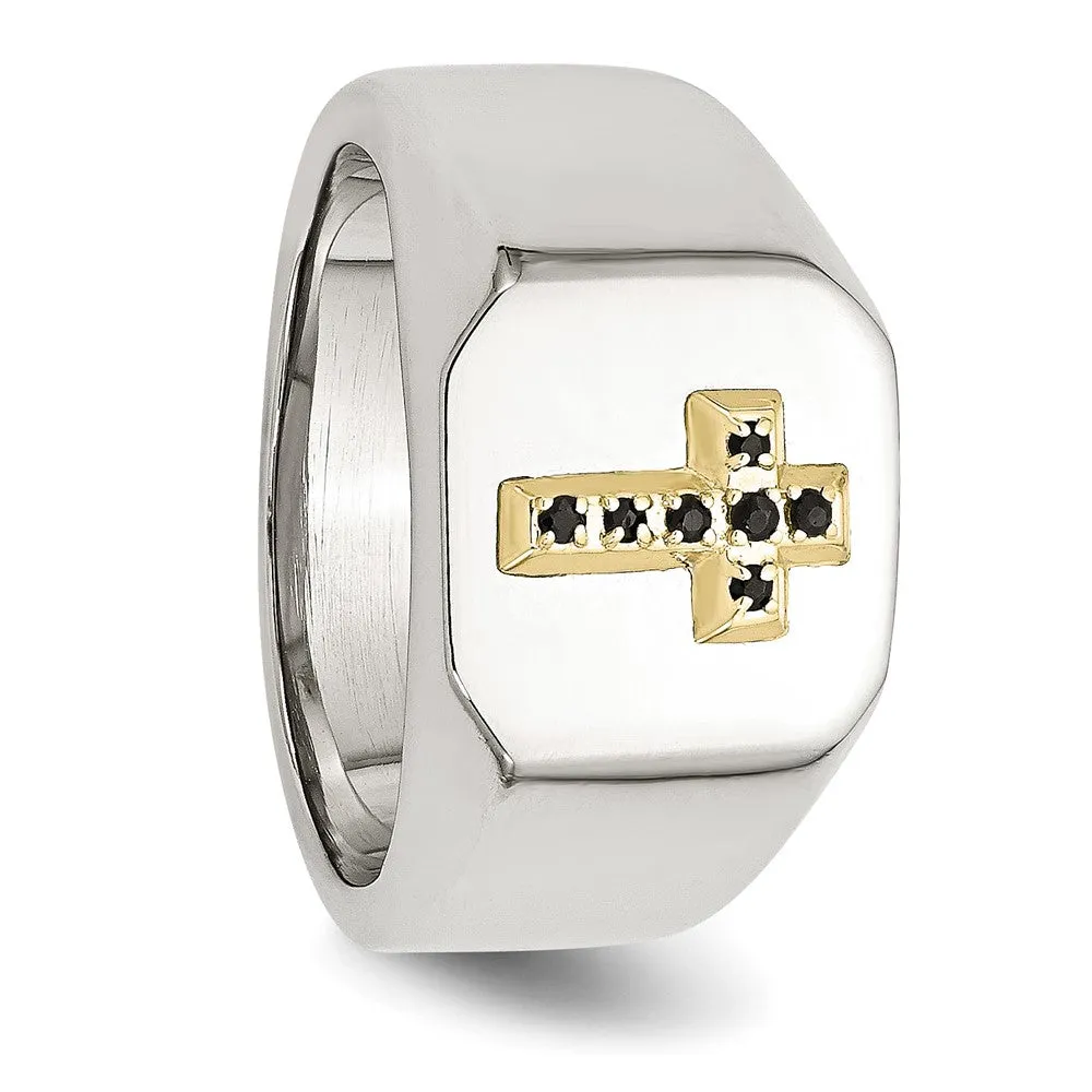 Stainless Steel Polished w/14k Accent 1/15ct Sapphire Cross Signet Ring
