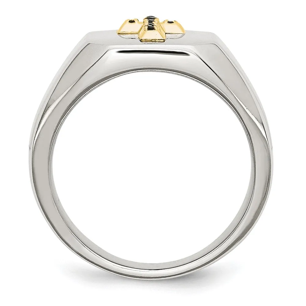 Stainless Steel Polished w/14k Accent 1/15ct Sapphire Cross Signet Ring