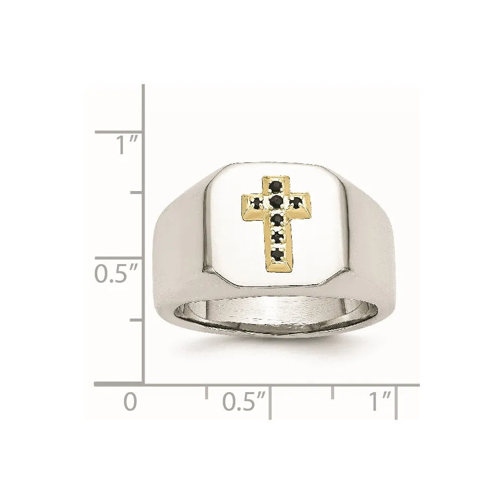 Stainless Steel Polished w/14k Accent 1/15ct Sapphire Cross Signet Ring