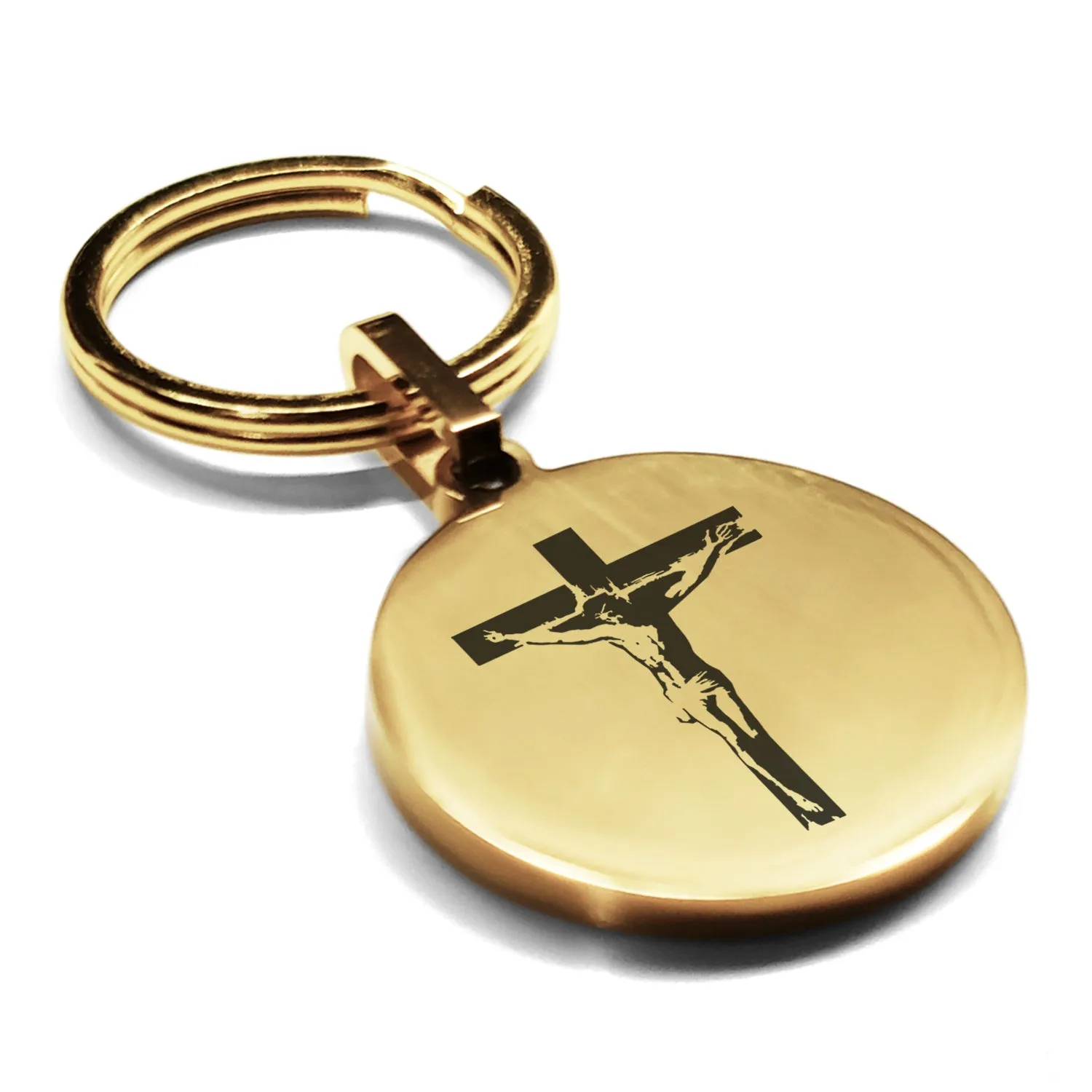 Stainless Steel Religious Cross Crucifix Round Medallion Keychain