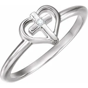Sterling Silver .01 CT Diamond Cross with Heart Ring