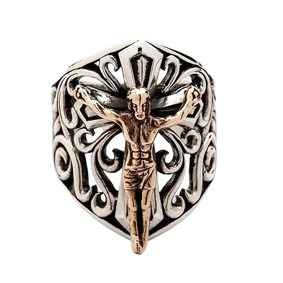 Sterling Silver Cross Gold Jesus Mens Ring