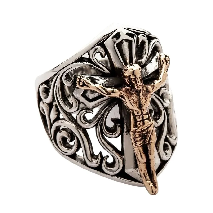 Sterling Silver Cross Gold Jesus Mens Ring